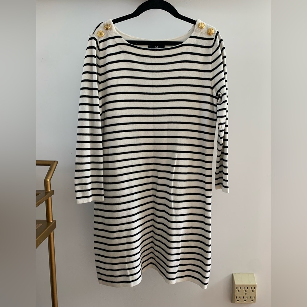 H&M sweater dress, size small, white with very dark navy (almost black) stripes